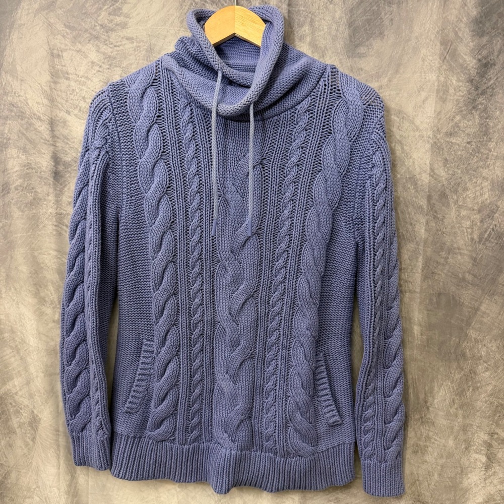 LL Bean Womens Periwinkle Blue Cable Knit Cowl Neck Cotton Sweater S 513958